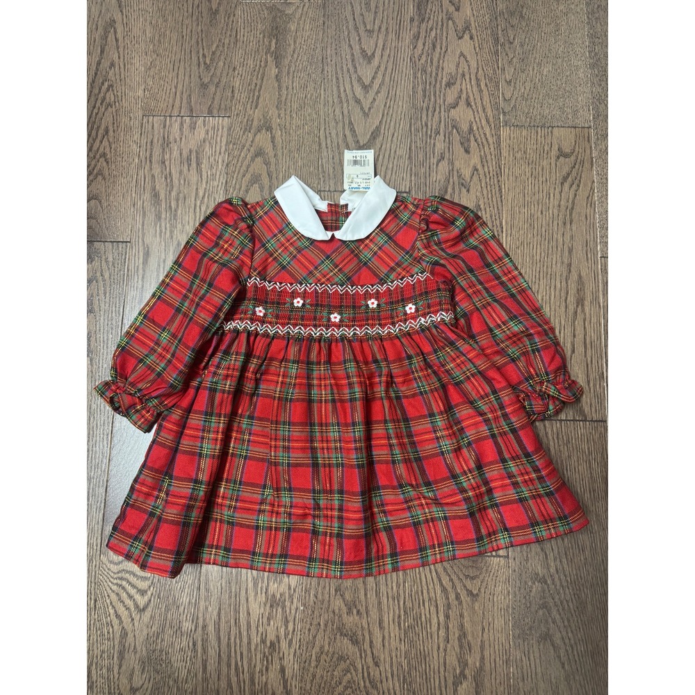 Vintage deadstock Plaid Smocked Holiday Dress size 18M